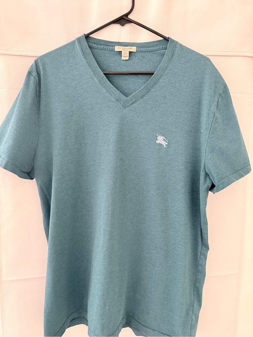 Burberry Men's Teal V-Neck Tee with Embroidered Logo